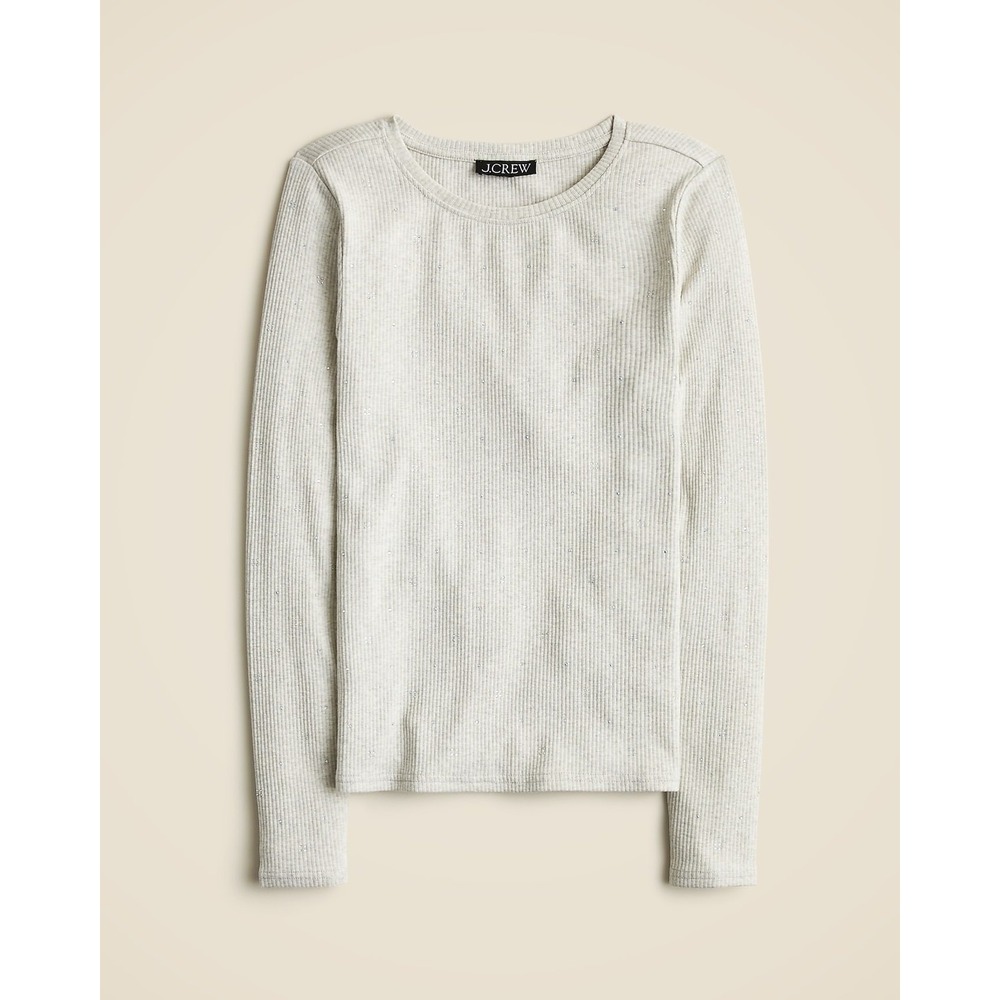 J.Crew Womens Ribbed Rhinestone Embellished Long Sleeve Top Oatmeal Heather L